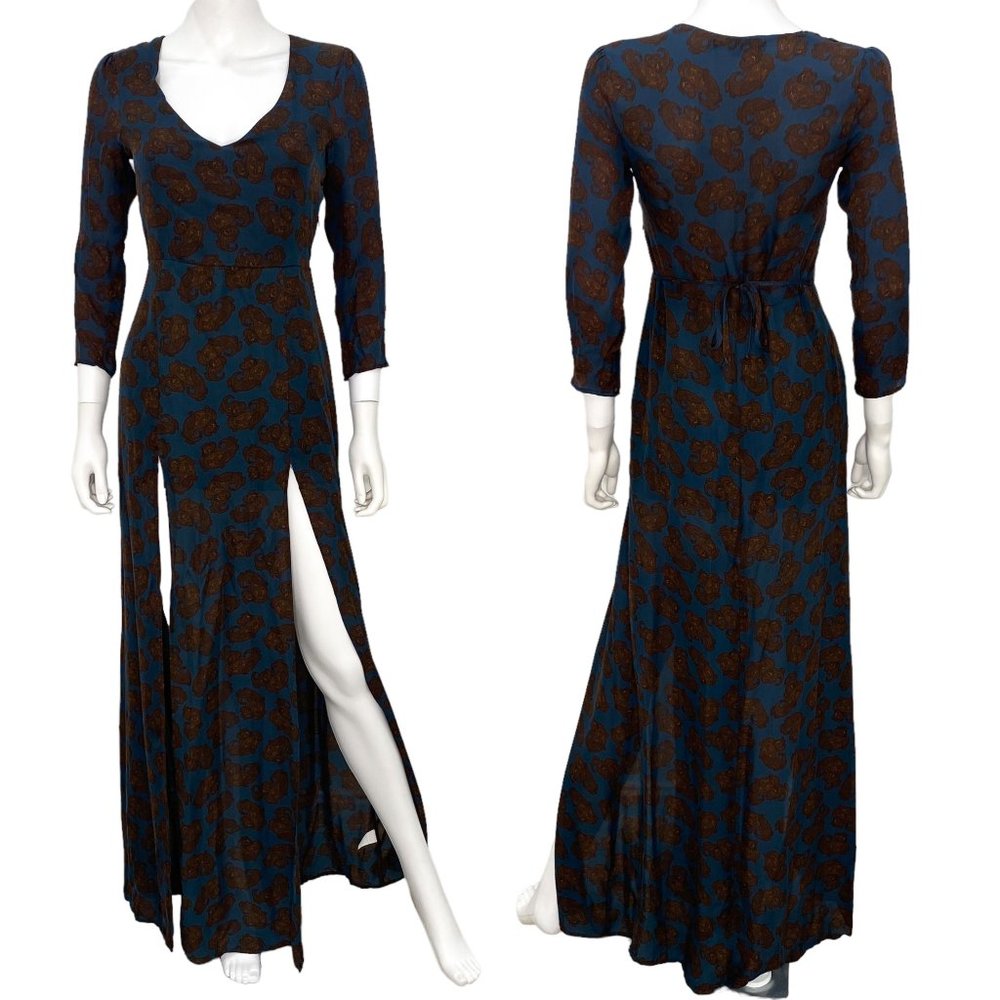 For Love & Lemons Navy and Brown Maxi Dress with Side Slit